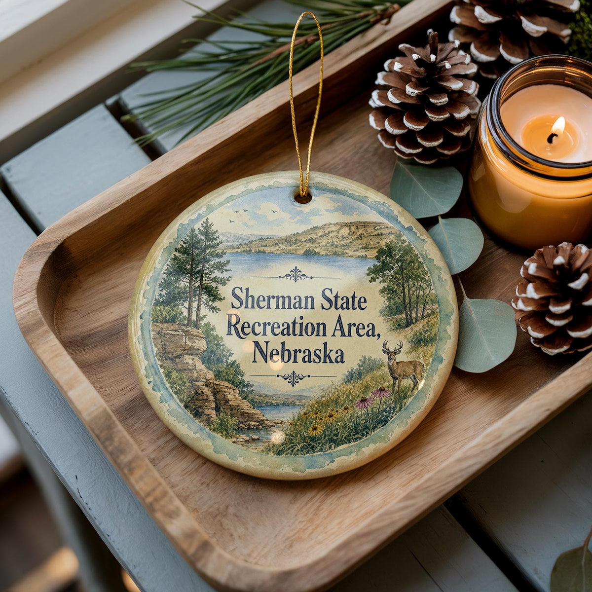 Sherman State Recreation Area Nebraska Watercolor Ceramic Ornament, Nebraska State Park Souvenir, Outdoor Lake Camping Gift — photo 2