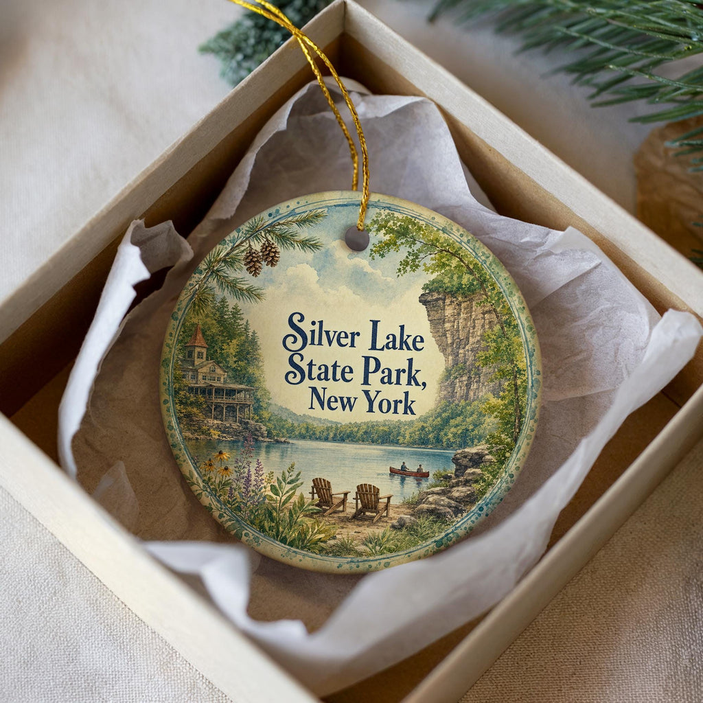 Silver Lake State Park New York Watercolor Ceramic Ornament, State Park Souvenir, Travel Keepsake, Holiday Tree Decor — photo 1