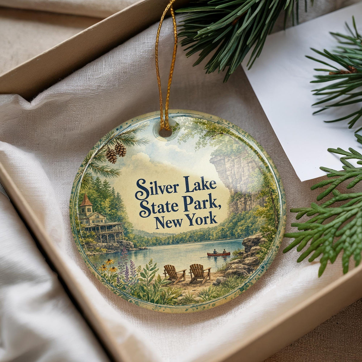 Silver Lake State Park New York Watercolor Ceramic Ornament, State Park Souvenir, Travel Keepsake, Holiday Tree Decor — photo 4