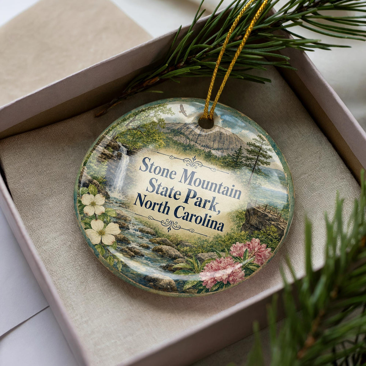 Stone Mountain State Park North Carolina Watercolor Ceramic Ornament, Blue Ridge Mountains Travel Souvenir Keepsake Gift — photo 2
