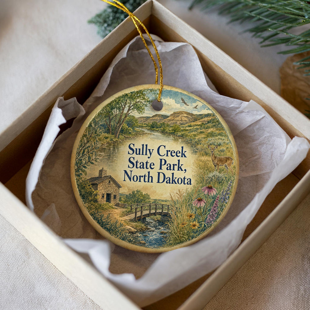 Sully Creek State Park North Dakota Watercolor Ceramic Ornament, North Dakota State Park Souvenir, Travel Keepsake Gift — photo 1