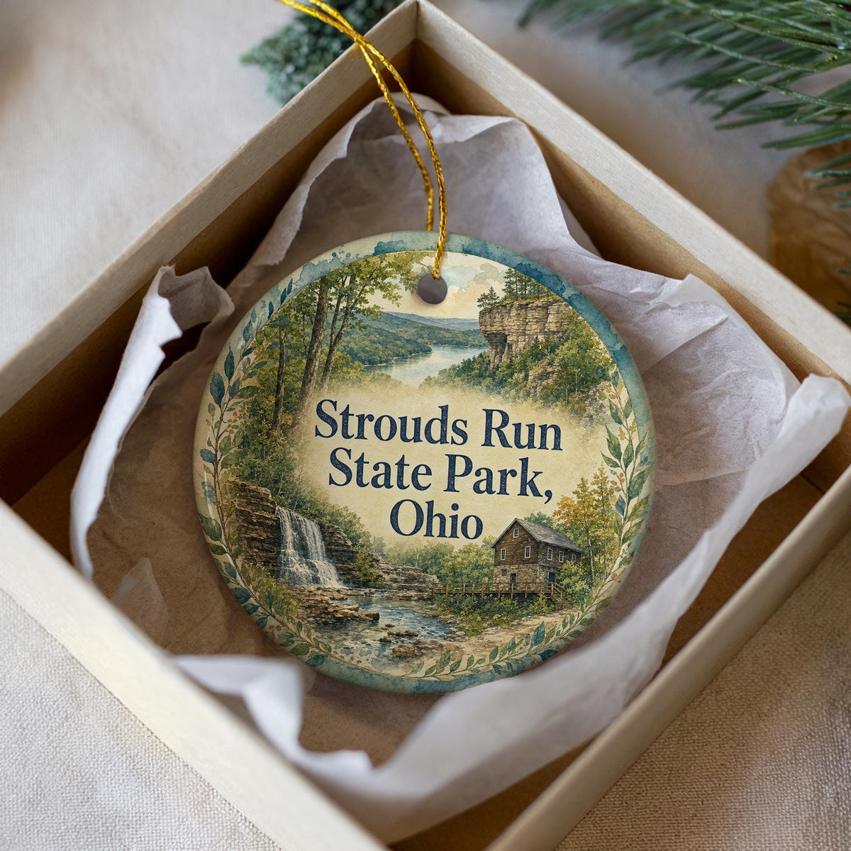 Strouds Run State Park Ohio Ceramic Ornament, Watercolor Park Landscape Souvenir, Athens Ohio Travel Keepsake Gift — photo 3