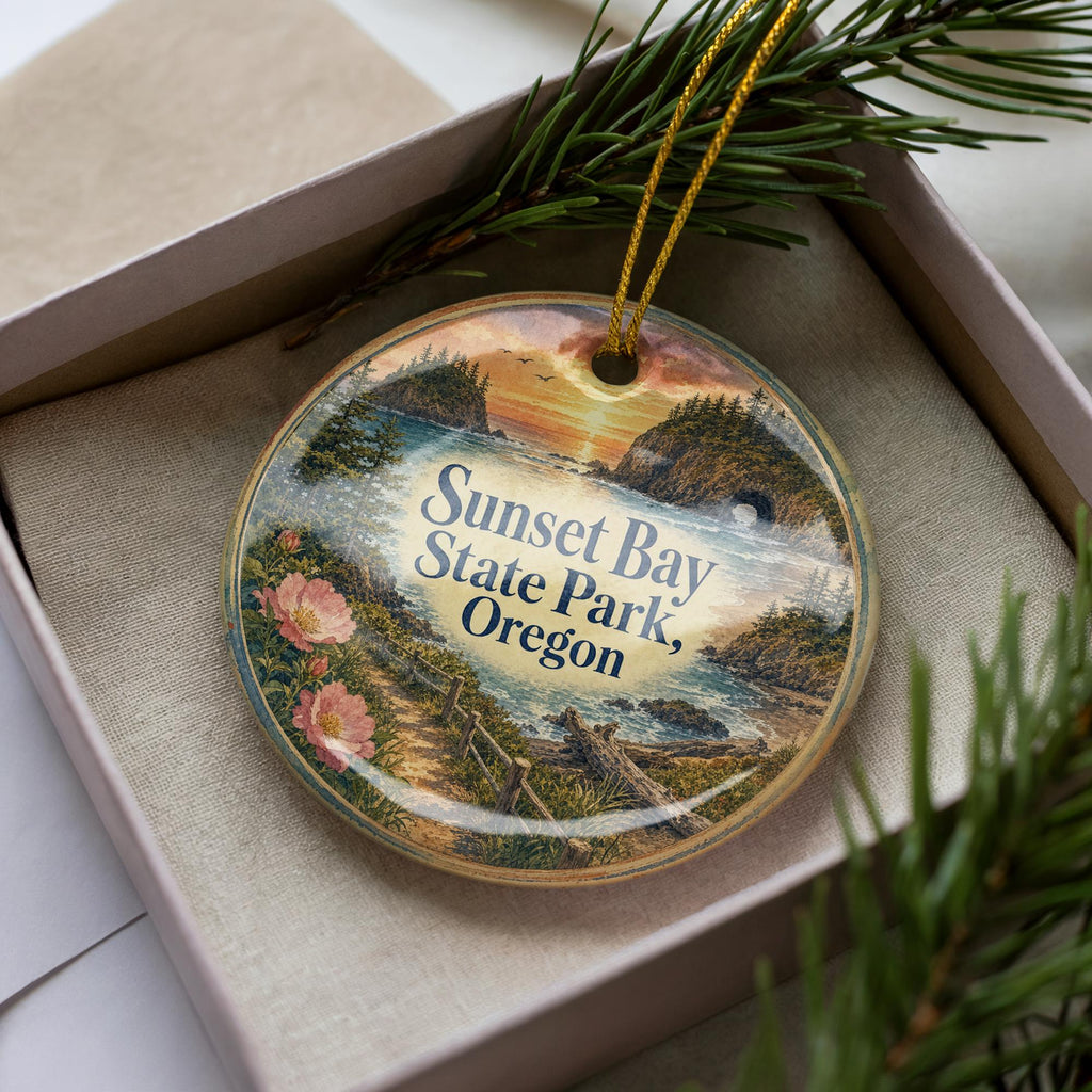 Sunset Bay State Park Oregon Watercolor Ceramic Ornament, Coastal Sunset Scene Souvenir Gift, Oregon Coast Keepsake Decor — photo 1
