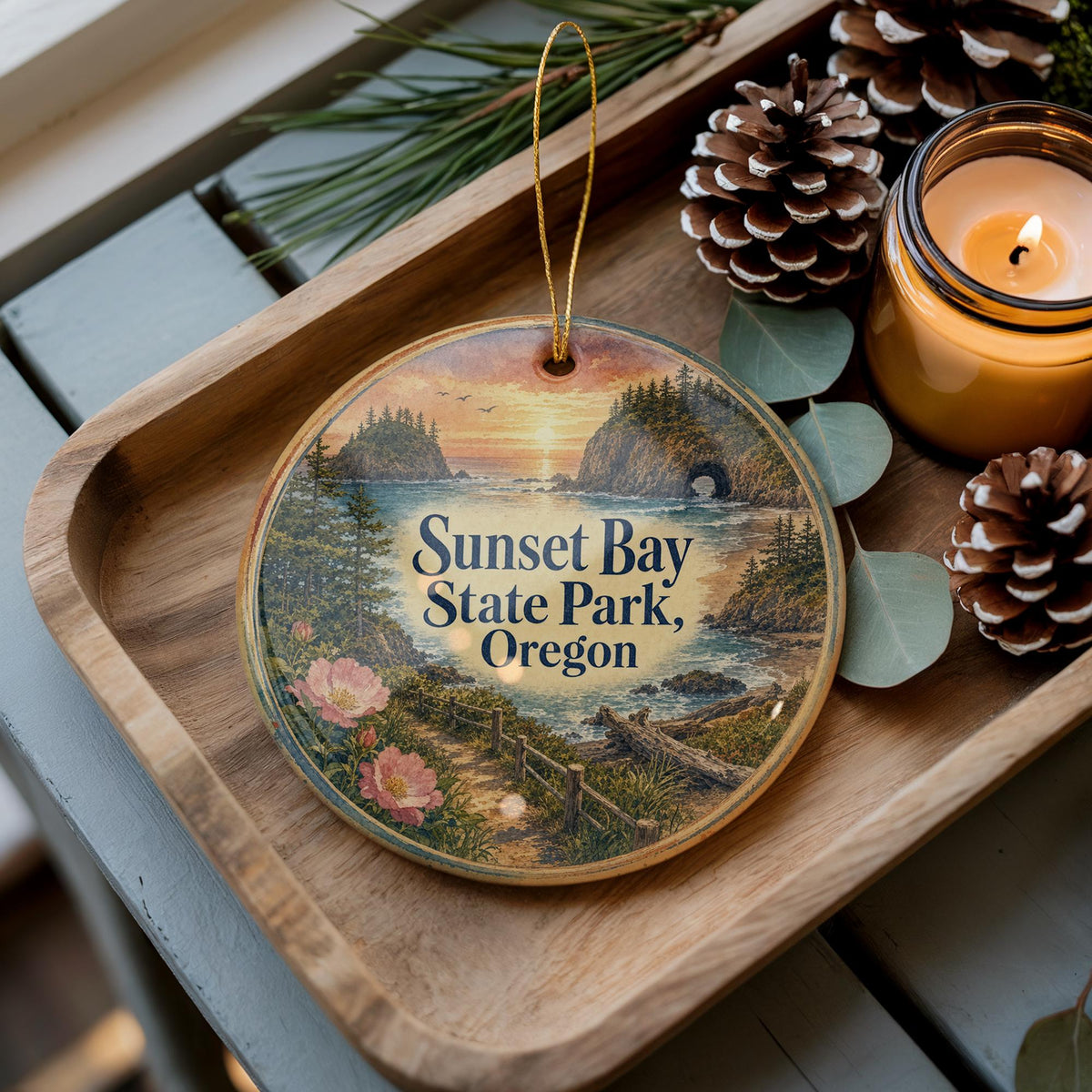 Sunset Bay State Park Oregon Watercolor Ceramic Ornament, Coastal Sunset Scene Souvenir Gift, Oregon Coast Keepsake Decor — photo 2