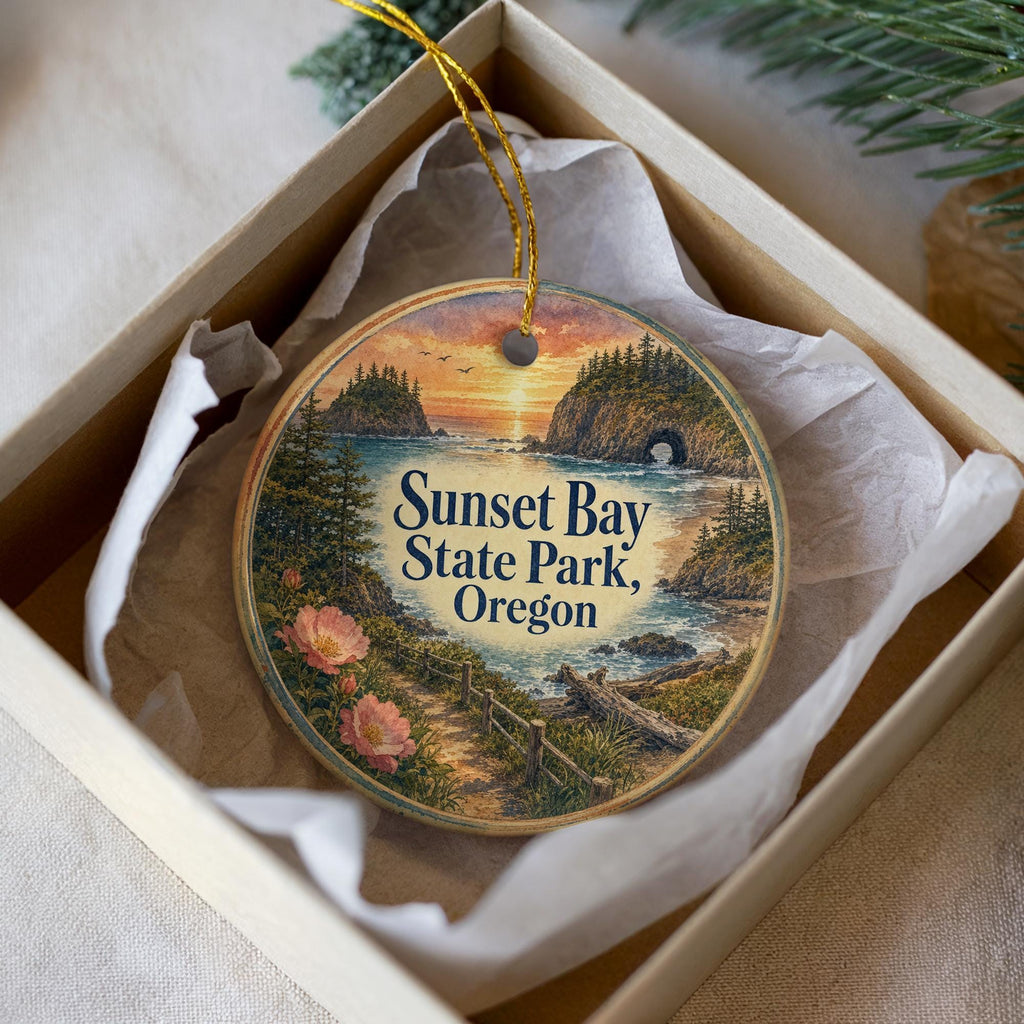 Sunset Bay State Park Oregon Watercolor Ceramic Ornament, Coastal Sunset Scene Souvenir Gift, Oregon Coast Keepsake Decor — photo 3