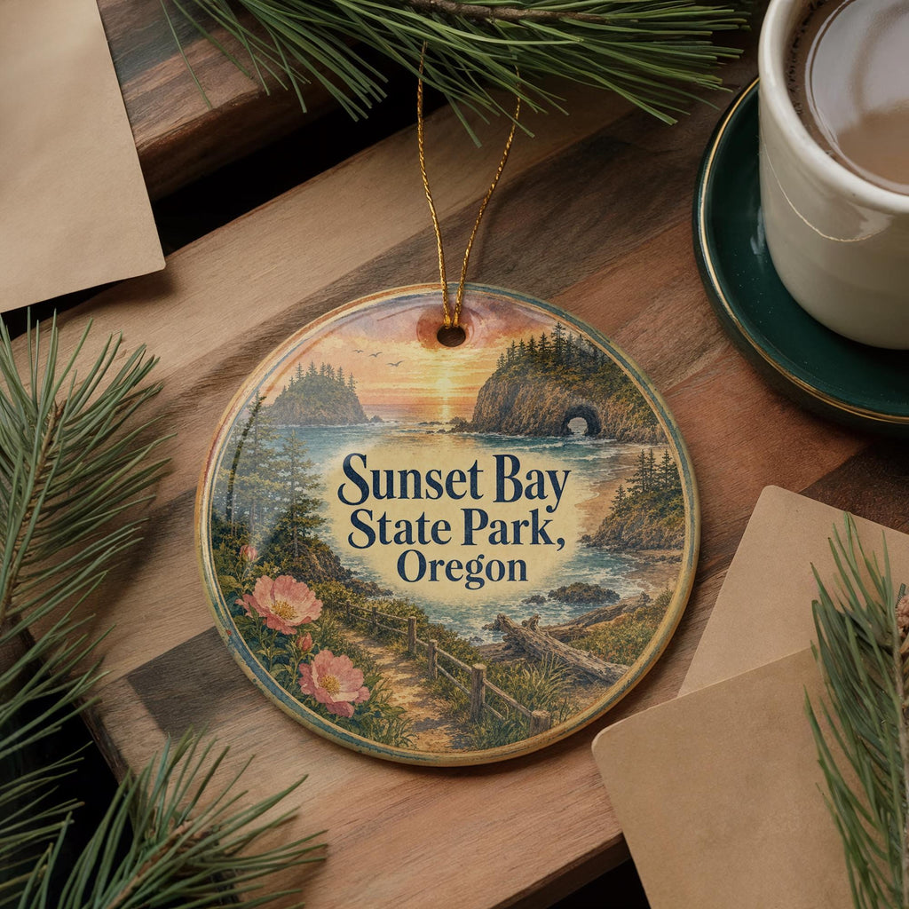 Sunset Bay State Park Oregon Watercolor Ceramic Ornament, Coastal Sunset Scene Souvenir Gift, Oregon Coast Keepsake Decor — photo 5
