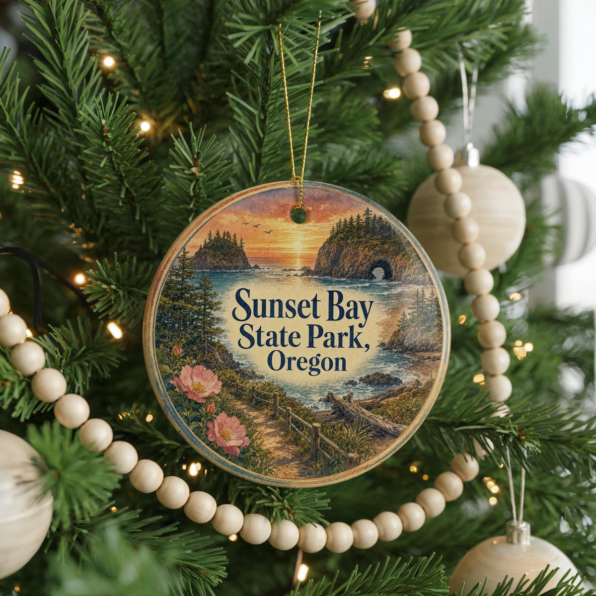 Sunset Bay State Park Oregon Watercolor Ceramic Ornament, Coastal Sunset Scene Souvenir Gift, Oregon Coast Keepsake Decor — photo 6