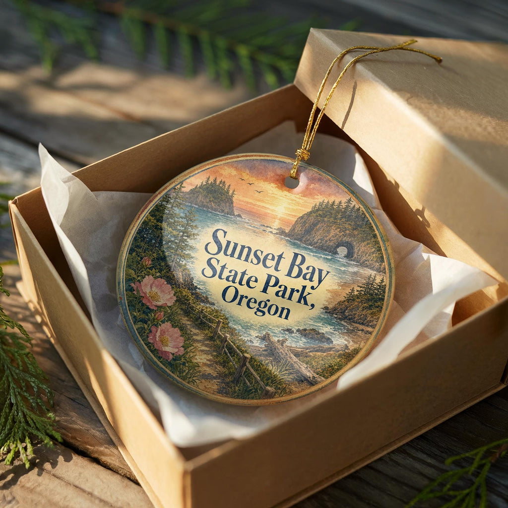 Sunset Bay State Park Oregon Watercolor Ceramic Ornament, Coastal Sunset Scene Souvenir Gift, Oregon Coast Keepsake Decor — photo 8
