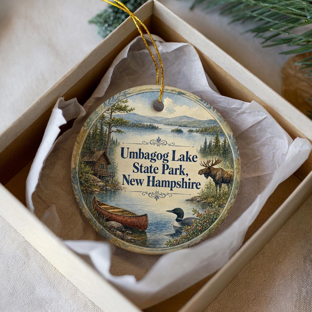 Umbagog Lake State Park New Hampshire Watercolor Ceramic Ornament, Lake Landscape Souvenir Gift, Outdoor Nature Travel Keepsake — photo 1