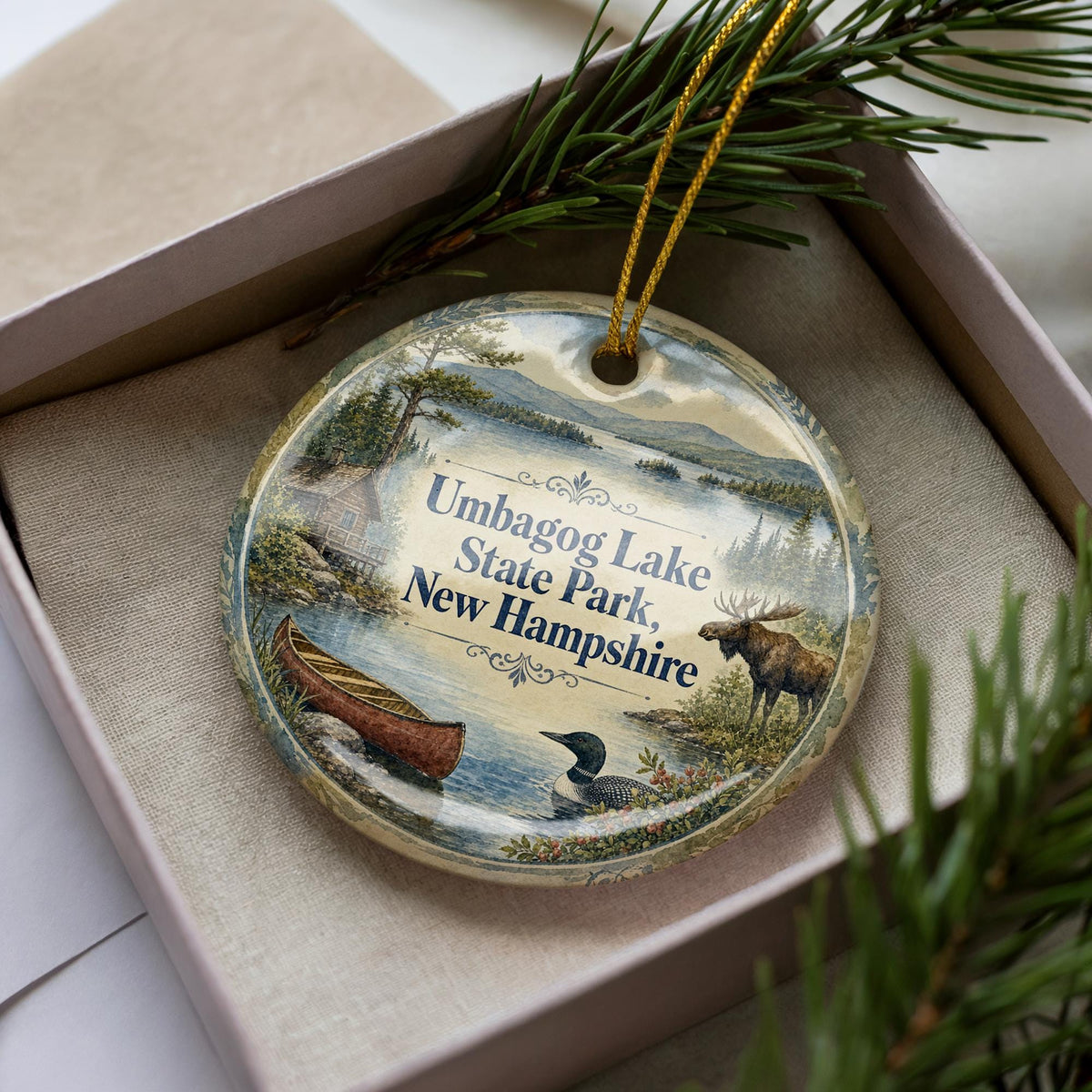 Umbagog Lake State Park New Hampshire Watercolor Ceramic Ornament, Lake Landscape Souvenir Gift, Outdoor Nature Travel Keepsake — photo 2