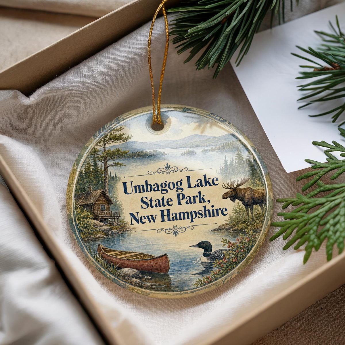 Umbagog Lake State Park New Hampshire Watercolor Ceramic Ornament, Lake Landscape Souvenir Gift, Outdoor Nature Travel Keepsake — photo 4