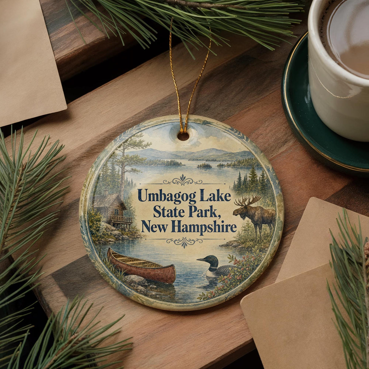 Umbagog Lake State Park New Hampshire Watercolor Ceramic Ornament, Lake Landscape Souvenir Gift, Outdoor Nature Travel Keepsake — photo 5
