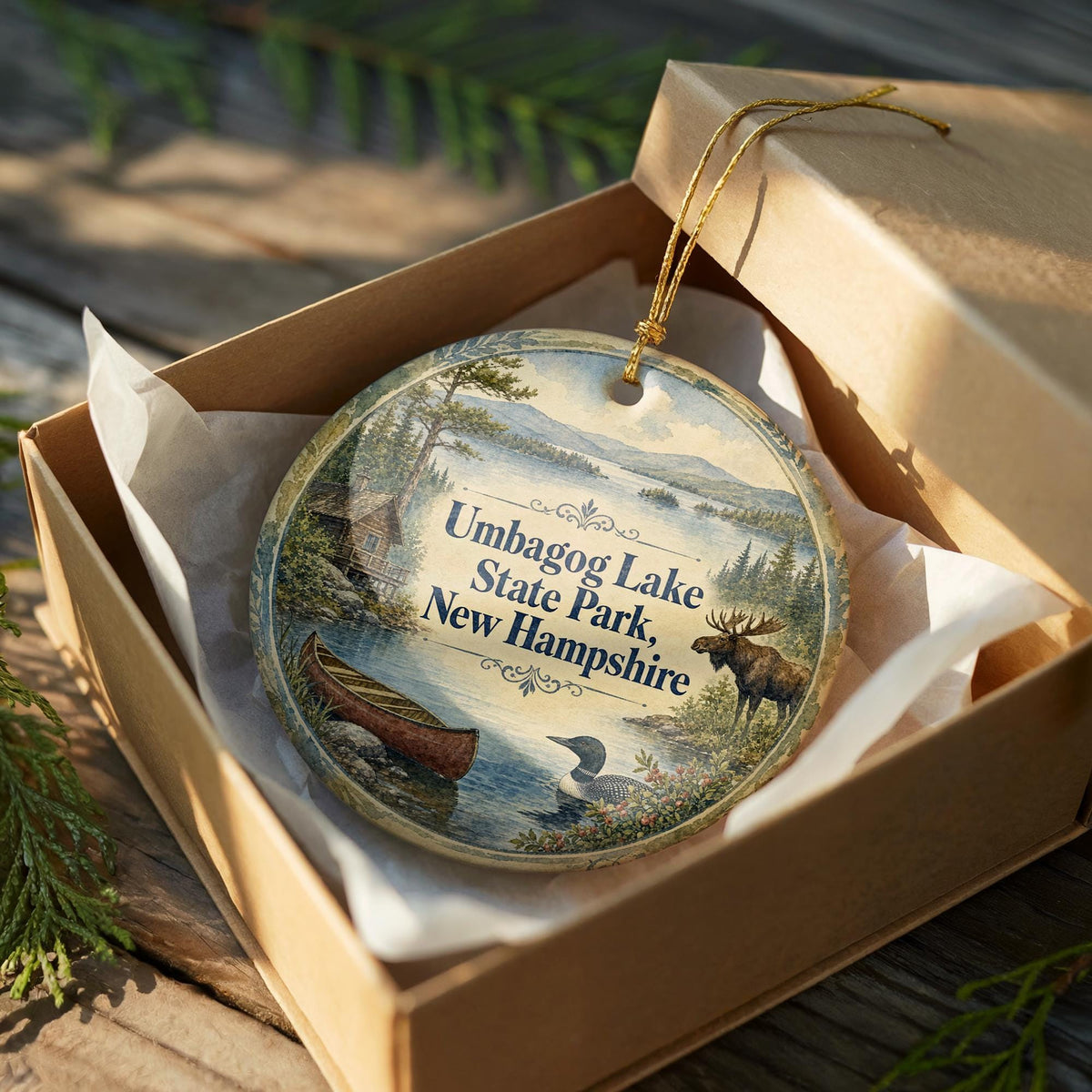 Umbagog Lake State Park New Hampshire Watercolor Ceramic Ornament, Lake Landscape Souvenir Gift, Outdoor Nature Travel Keepsake — photo 8