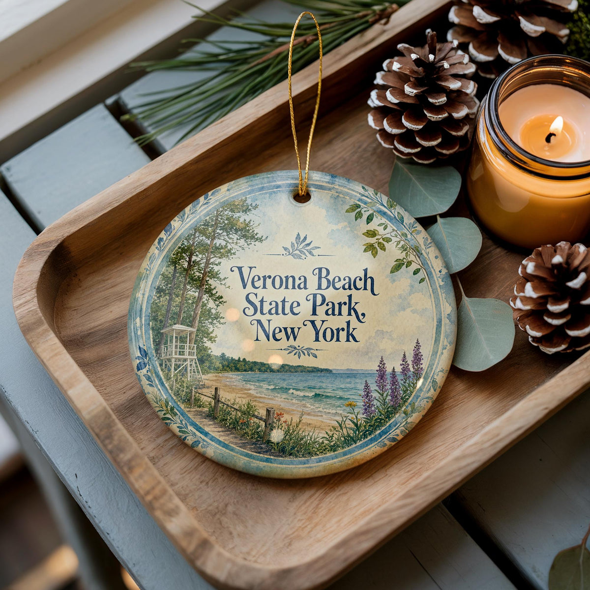 Verona Beach State Park New York Watercolor Ceramic Ornament, Oneida Lake State Park Souvenir Gift, Travel Keepsake Decor — photo 1