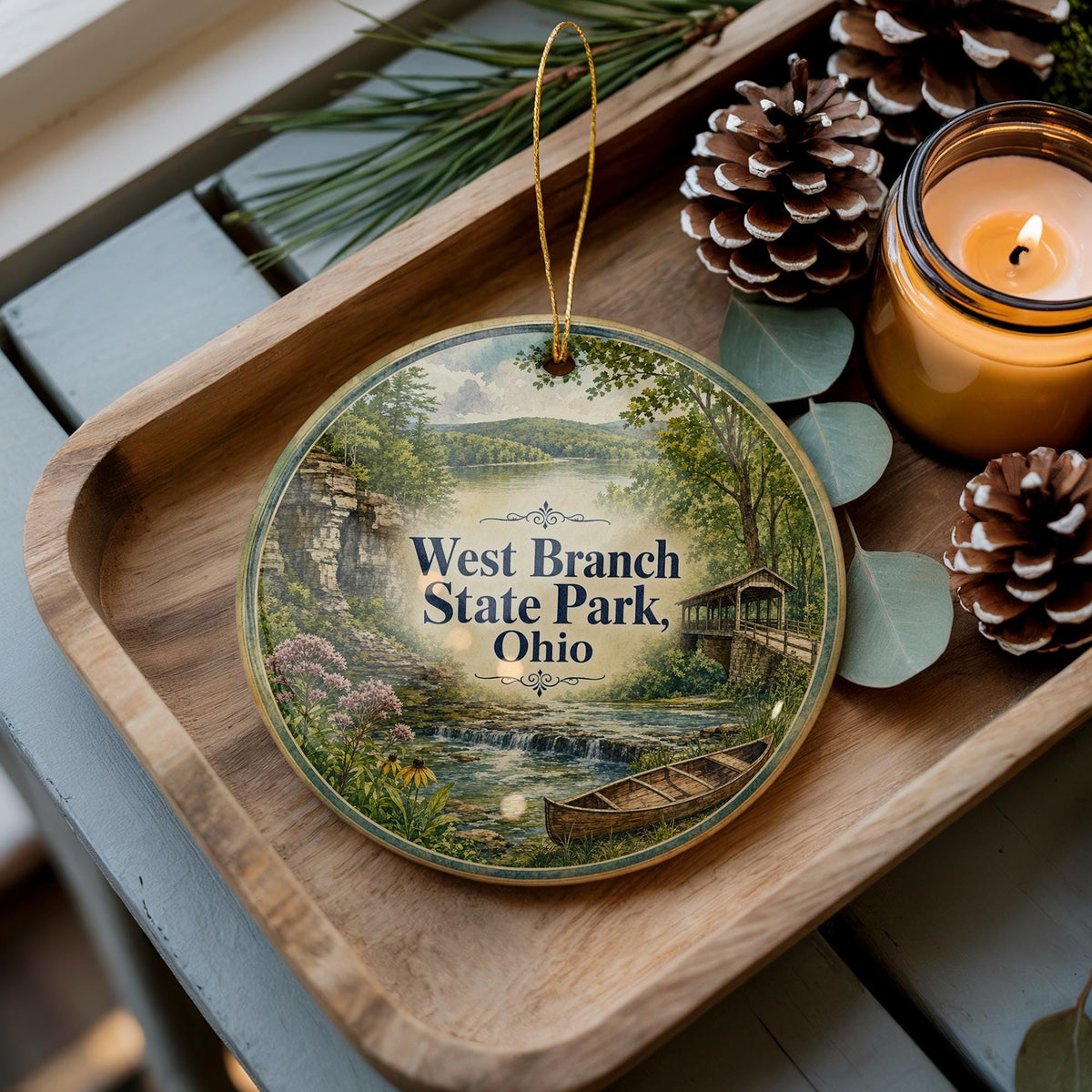 West Branch State Park Ohio Watercolor Ceramic Ornament, Ohio State Park Souvenir, Nature Travel Keepsake, Christmas Tree Decor — photo 1