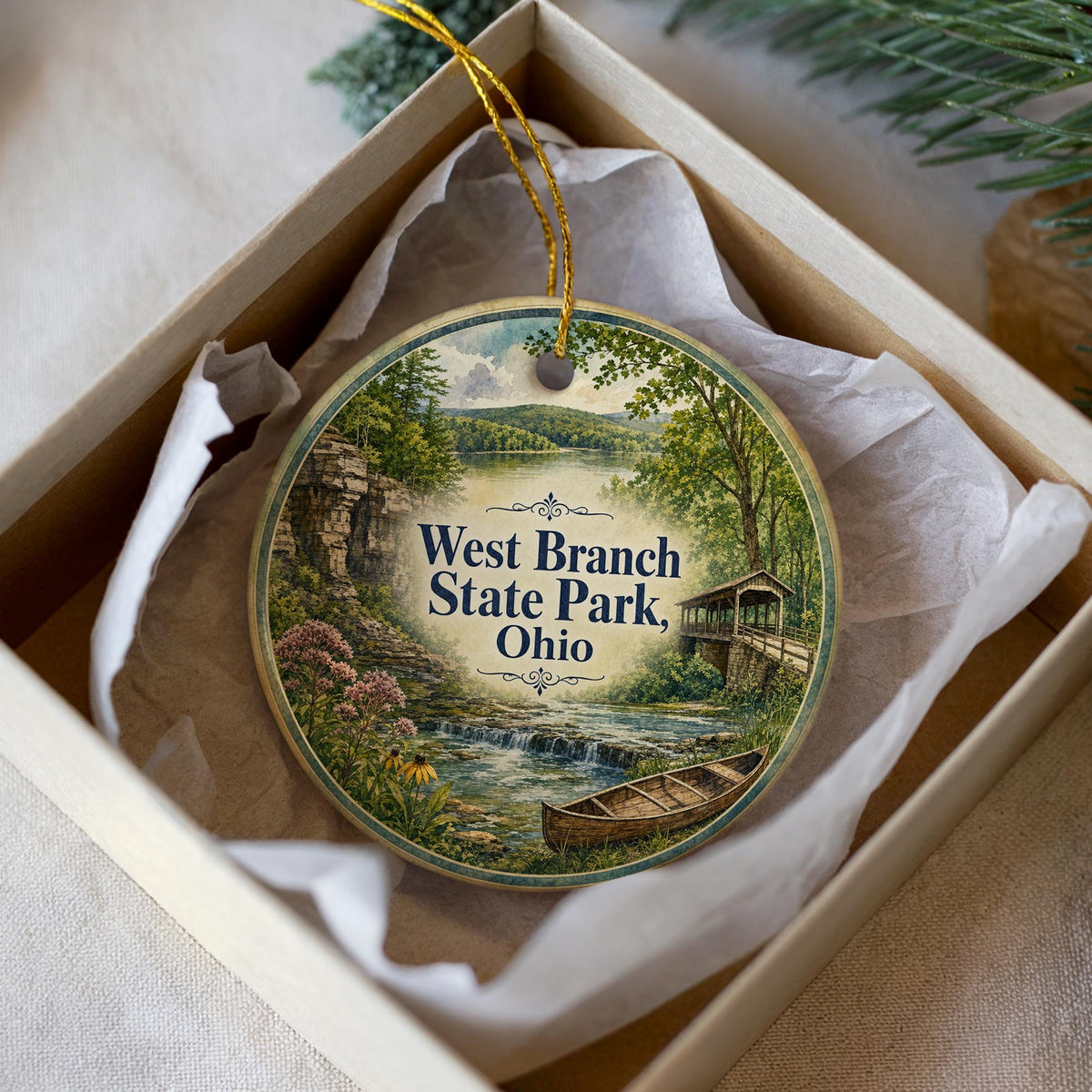 West Branch State Park Ohio Watercolor Ceramic Ornament, Ohio State Park Souvenir, Nature Travel Keepsake, Christmas Tree Decor — photo 2