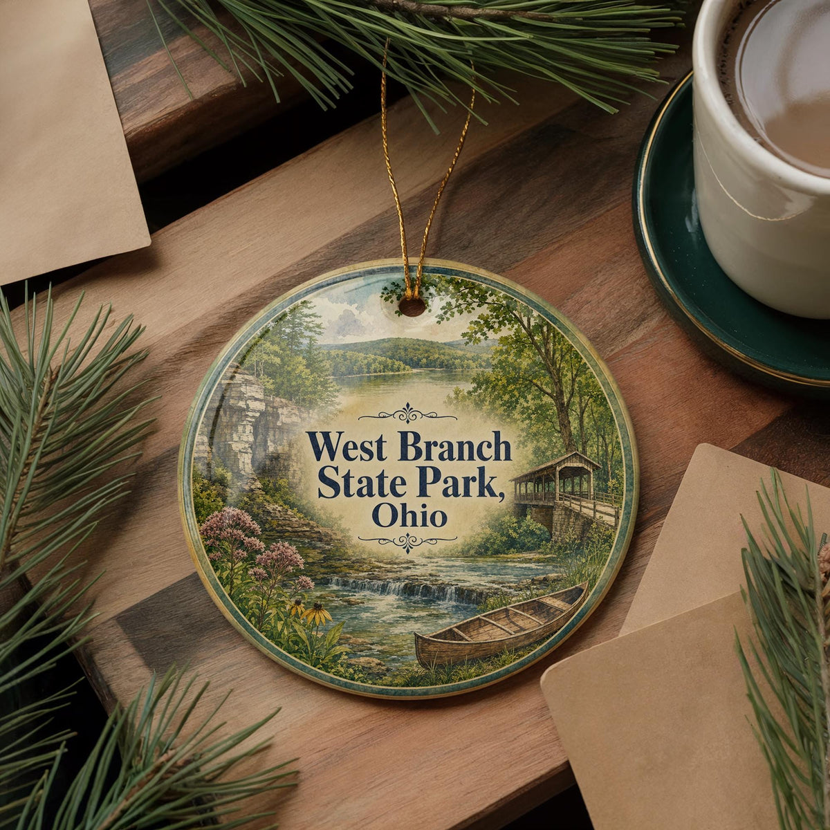 West Branch State Park Ohio Watercolor Ceramic Ornament, Ohio State Park Souvenir, Nature Travel Keepsake, Christmas Tree Decor — photo 5