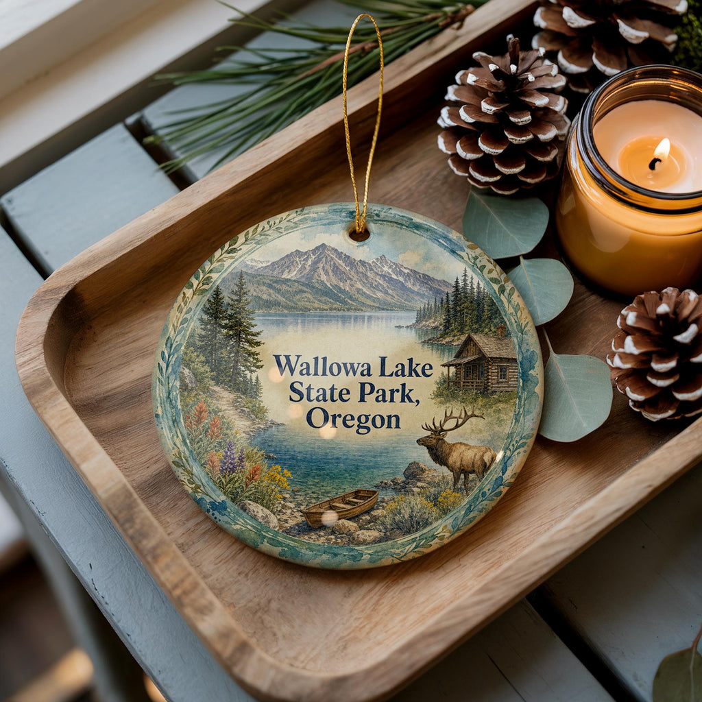 Wallowa Lake State Park Oregon Watercolor Ceramic Ornament, Wallowa Mountains Souvenir, Lake and Pine Trees Keepsake Gift — photo 2