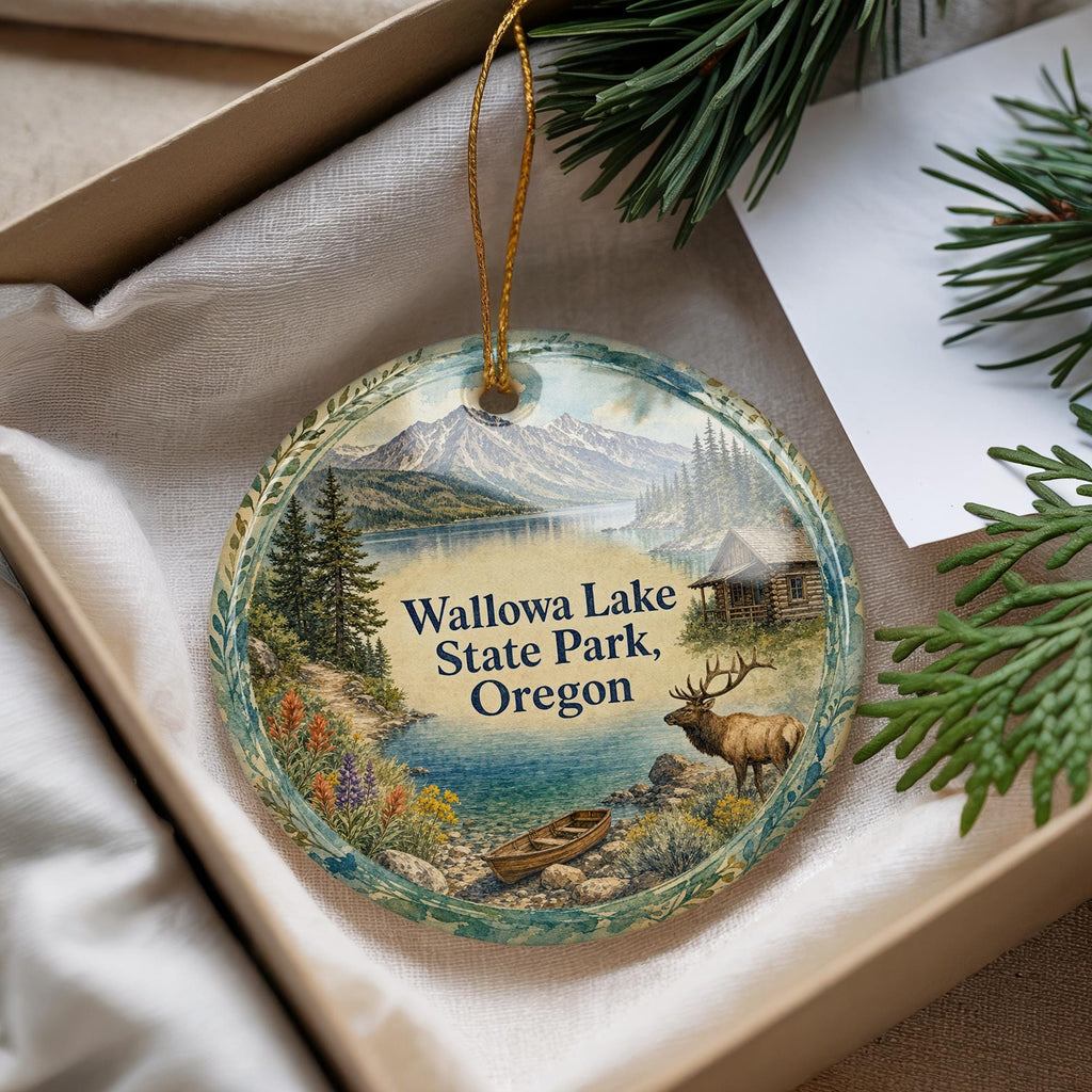 Wallowa Lake State Park Oregon Watercolor Ceramic Ornament, Wallowa Mountains Souvenir, Lake and Pine Trees Keepsake Gift — photo 4
