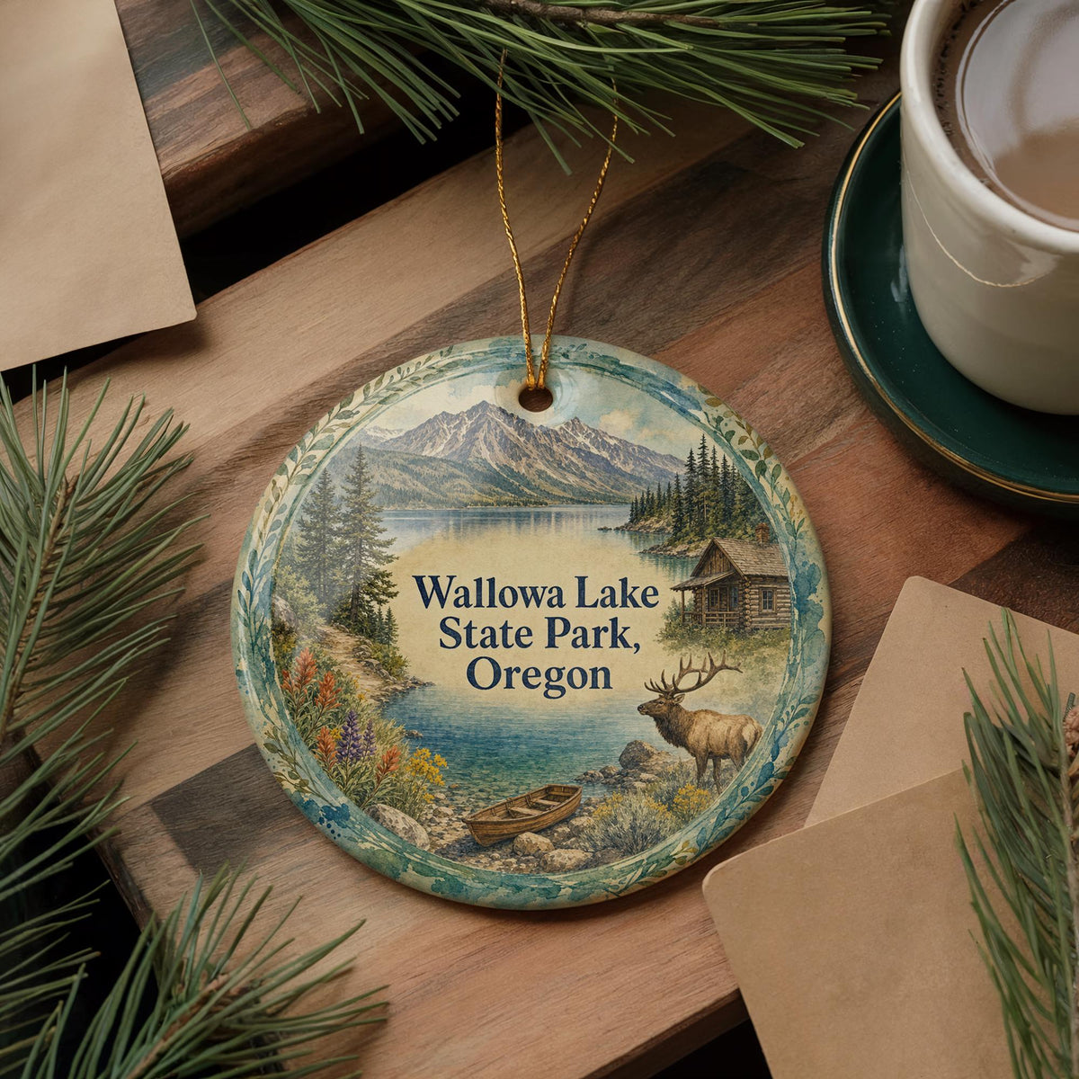 Wallowa Lake State Park Oregon Watercolor Ceramic Ornament, Wallowa Mountains Souvenir, Lake and Pine Trees Keepsake Gift — photo 5