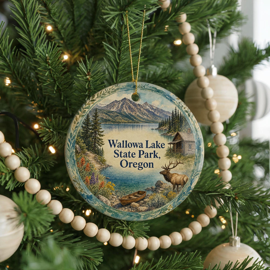 Wallowa Lake State Park Oregon Watercolor Ceramic Ornament, Wallowa Mountains Souvenir, Lake and Pine Trees Keepsake Gift — photo 6