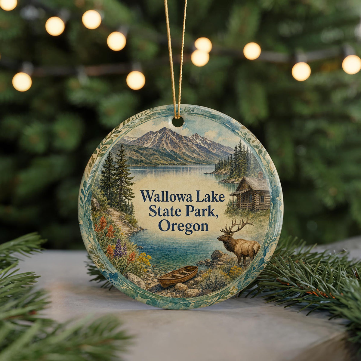 Wallowa Lake State Park Oregon Watercolor Ceramic Ornament, Wallowa Mountains Souvenir, Lake and Pine Trees Keepsake Gift — photo 7