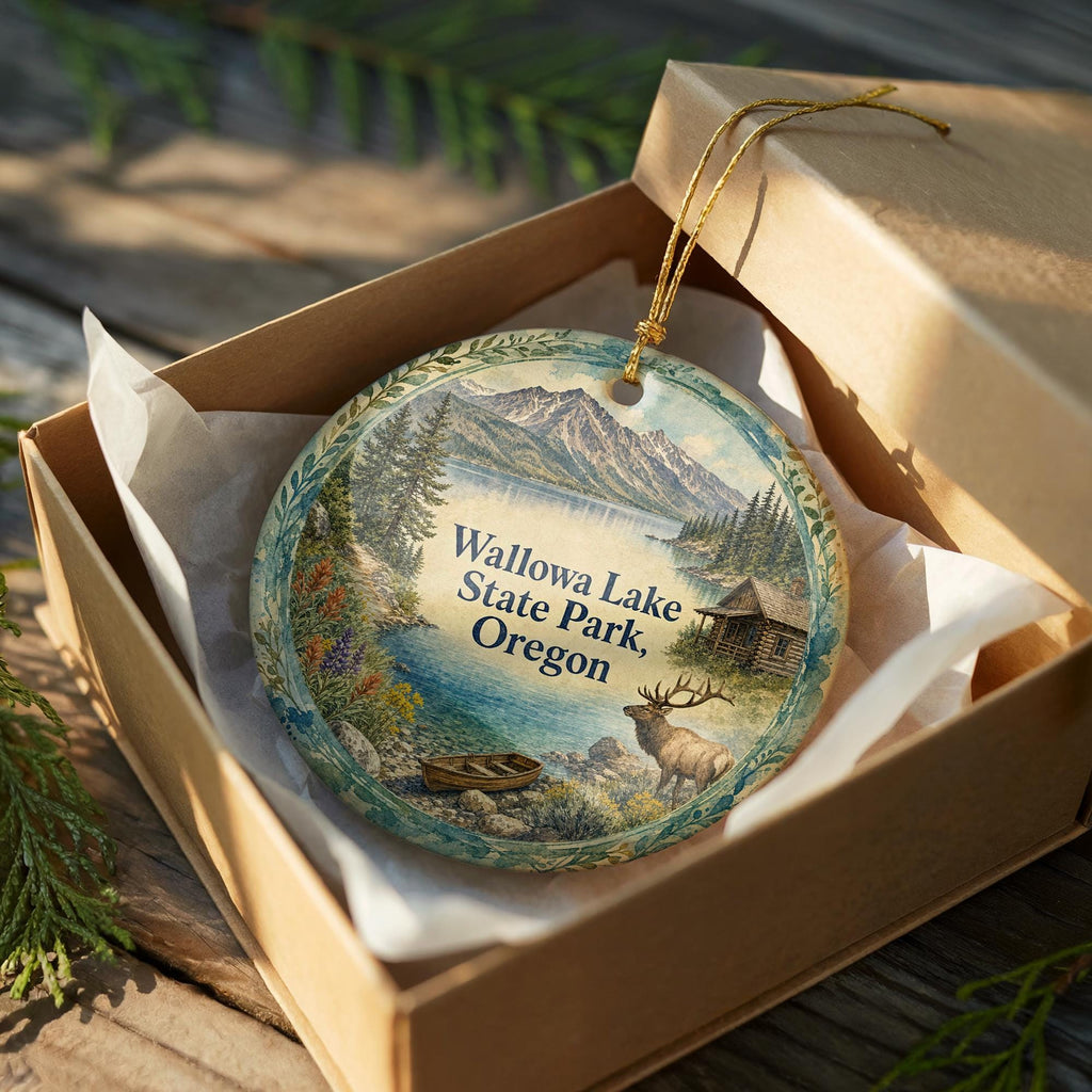 Wallowa Lake State Park Oregon Watercolor Ceramic Ornament, Wallowa Mountains Souvenir, Lake and Pine Trees Keepsake Gift — photo 8