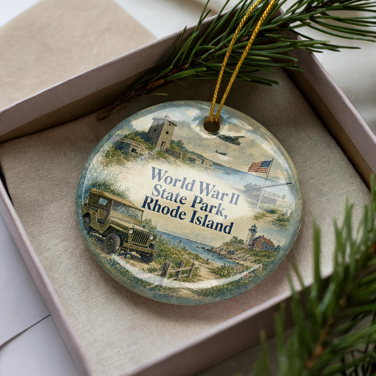 World War II State Park Rhode Island Watercolor Ceramic Ornament, WWII Memorial Park Souvenir, Rhode Island Travel Gift — photo 1