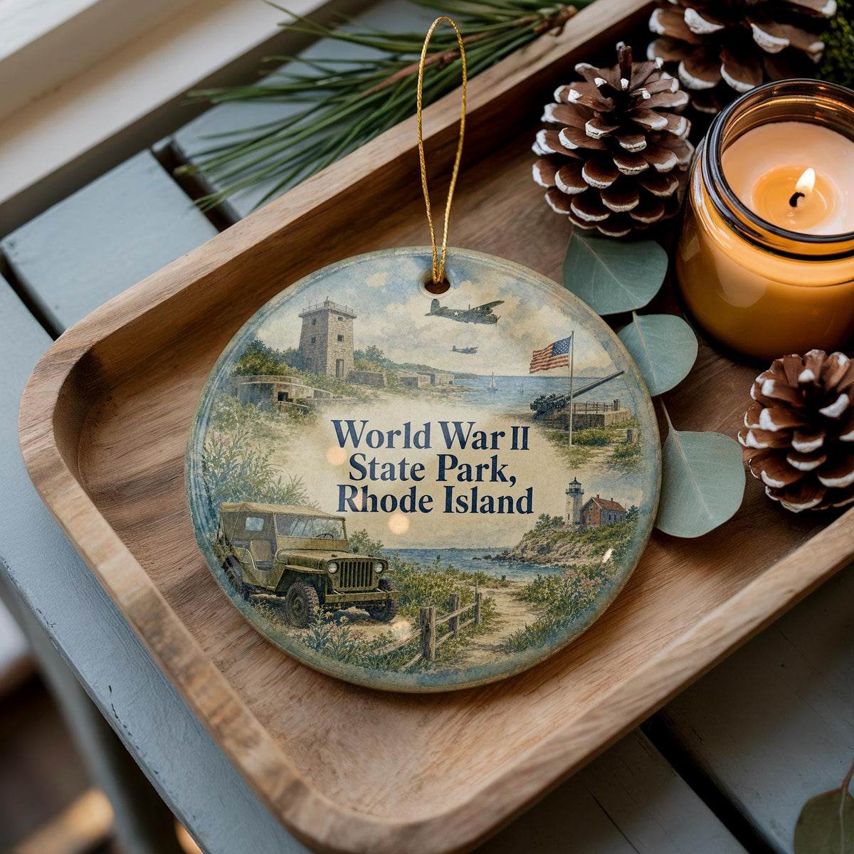 World War II State Park Rhode Island Watercolor Ceramic Ornament, WWII Memorial Park Souvenir, Rhode Island Travel Gift — photo 3
