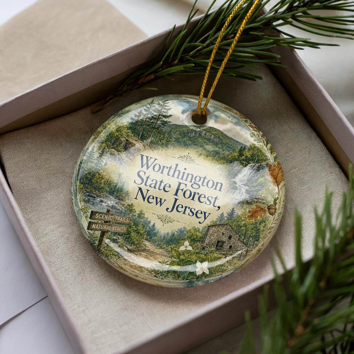 Worthington State Forest New Jersey Watercolor Ceramic Ornament, Delaware Water Gap Nature Park Souvenir Gift — photo 1