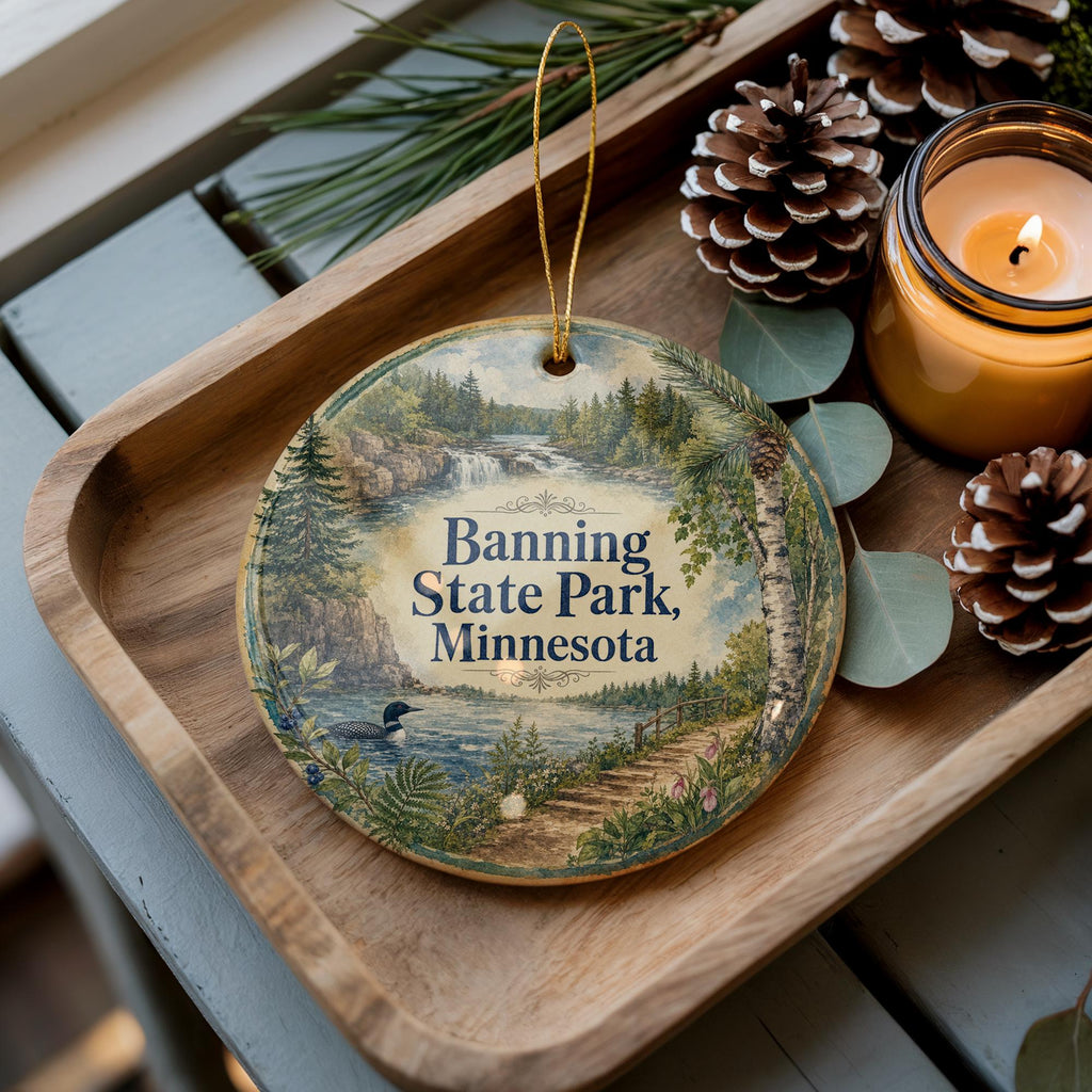 Banning State Park Minnesota Watercolor Ceramic Ornament, Sandstone Cliffs, Kettle River, Pine Forest Souvenir Gift — photo 1