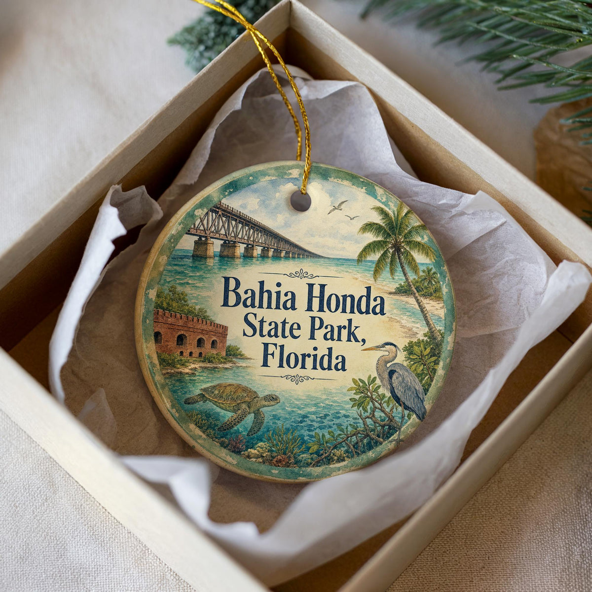 Bahia Honda State Park Florida Watercolor Ceramic Ornament, Florida Keys Souvenir, Beach Coastal Travel Keepsake Decor — photo 3