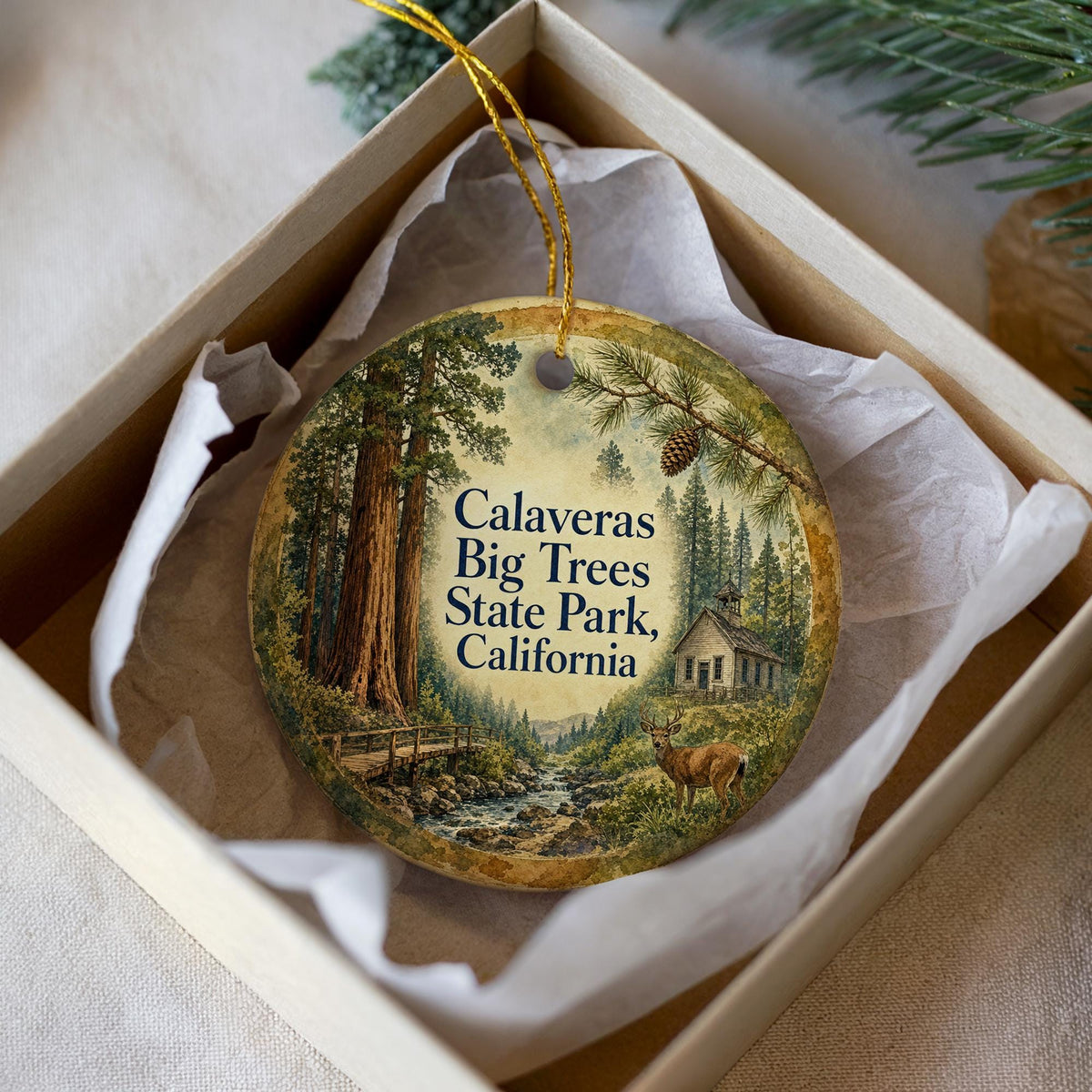 Watercolor Calaveras Big Trees State Park California Ceramic Ornament, Giant Sequoia Forest Travel Souvenir Gift — photo 2