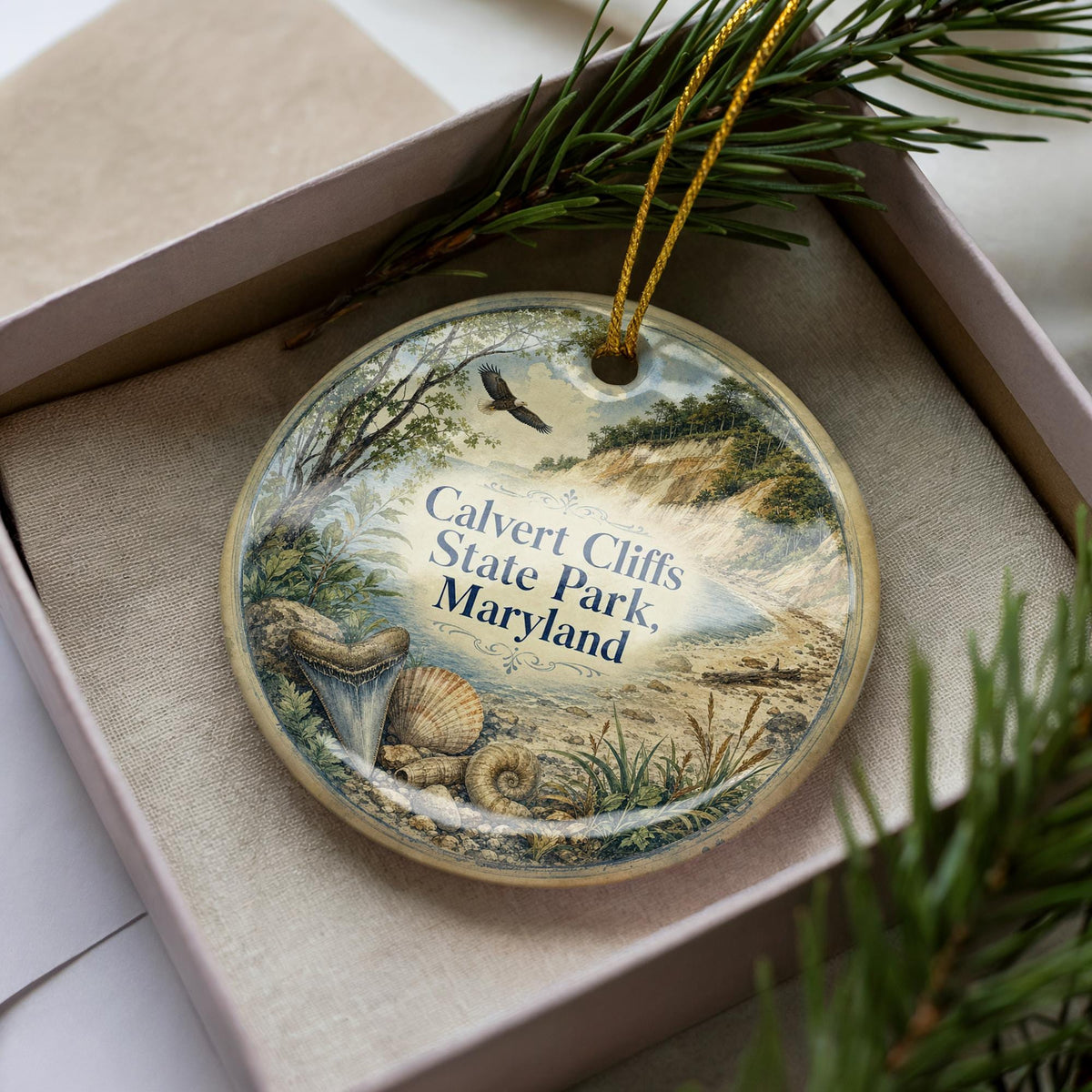 Calvert Cliffs State Park Maryland Watercolor Ceramic Ornament, Chesapeake Bay Coastal Nature Souvenir Gift, Travel Keepsake — photo 1