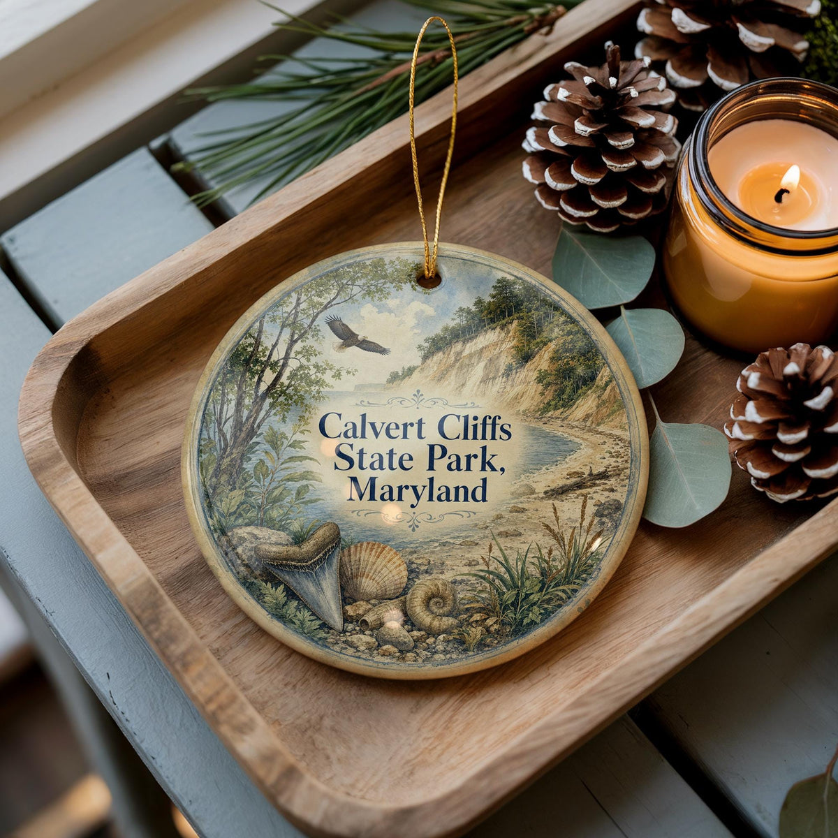 Calvert Cliffs State Park Maryland Watercolor Ceramic Ornament, Chesapeake Bay Coastal Nature Souvenir Gift, Travel Keepsake — photo 2
