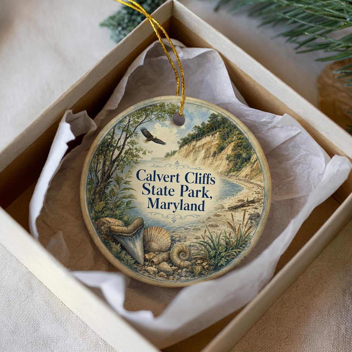 Calvert Cliffs State Park Maryland Watercolor Ceramic Ornament, Chesapeake Bay Coastal Nature Souvenir Gift, Travel Keepsake — photo 3