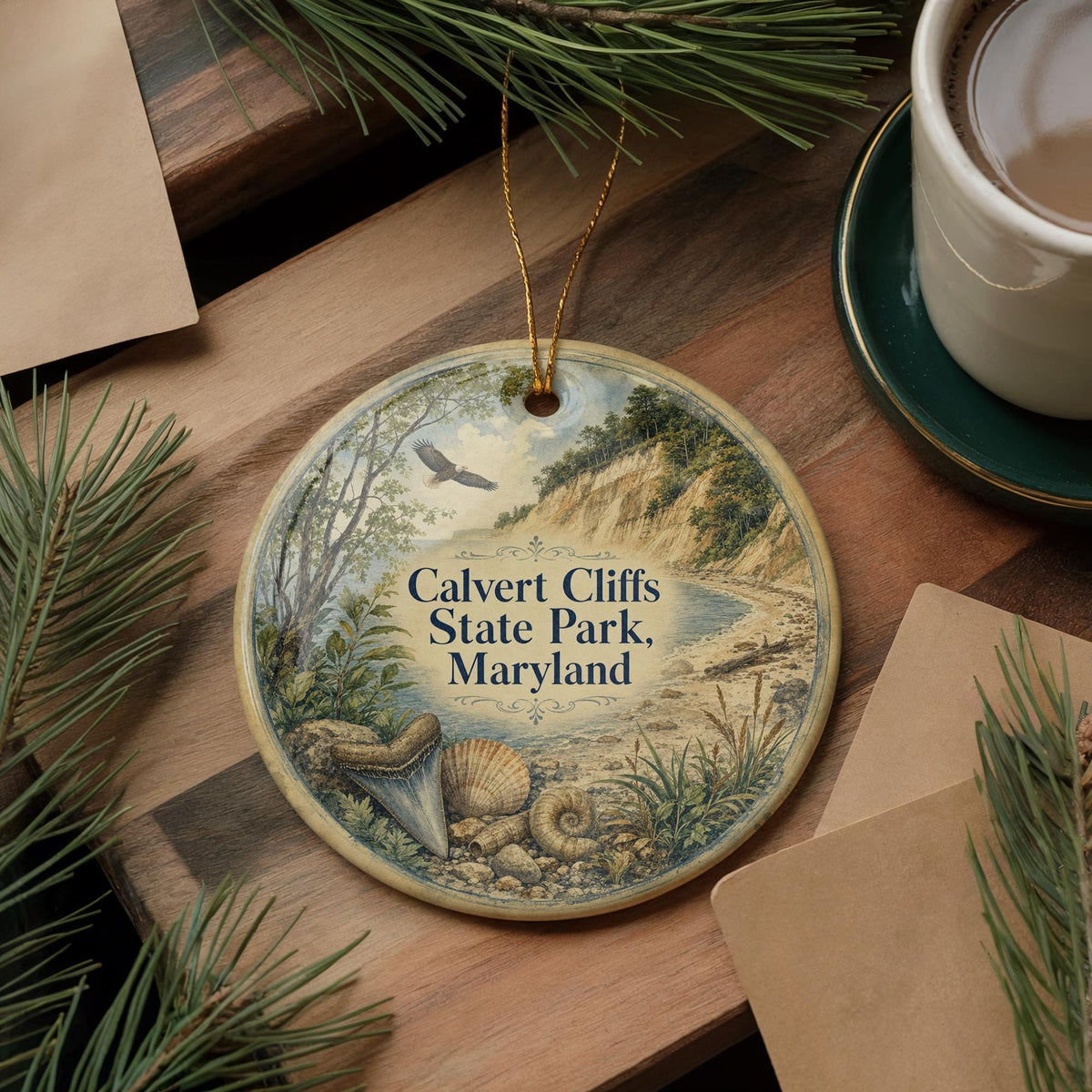 Calvert Cliffs State Park Maryland Watercolor Ceramic Ornament, Chesapeake Bay Coastal Nature Souvenir Gift, Travel Keepsake — photo 5