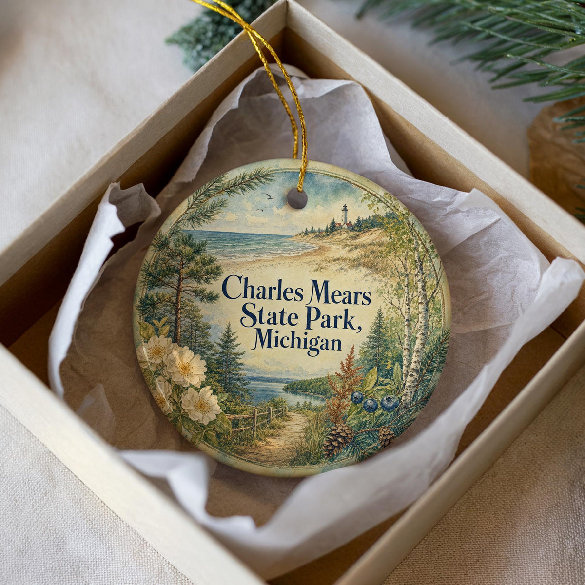 Charles Mears State Park Michigan Watercolor Ceramic Ornament, Ludington State Park Souvenir, Lake Michigan Vacation Keepsake — photo 2