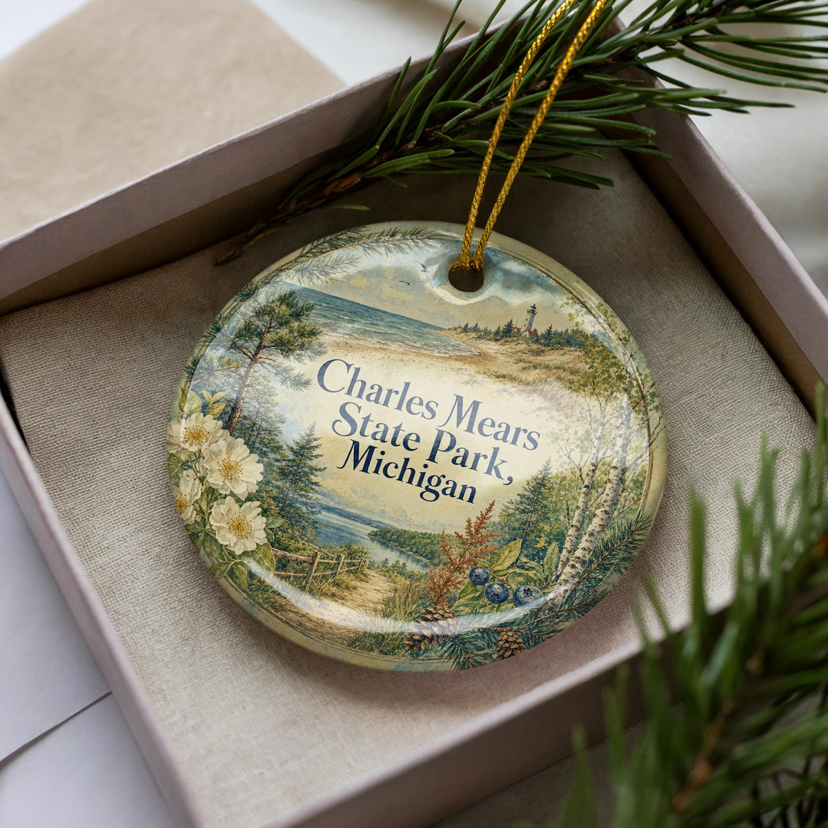 Charles Mears State Park Michigan Watercolor Ceramic Ornament, Ludington State Park Souvenir, Lake Michigan Vacation Keepsake — photo 3