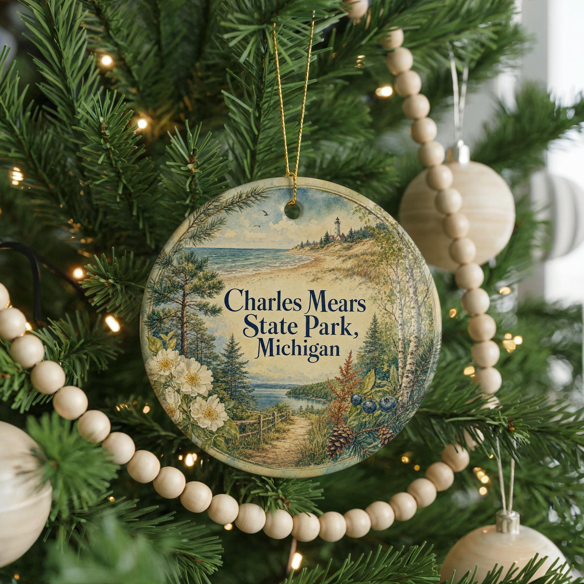 Charles Mears State Park Michigan Watercolor Ceramic Ornament, Ludington State Park Souvenir, Lake Michigan Vacation Keepsake — photo 6