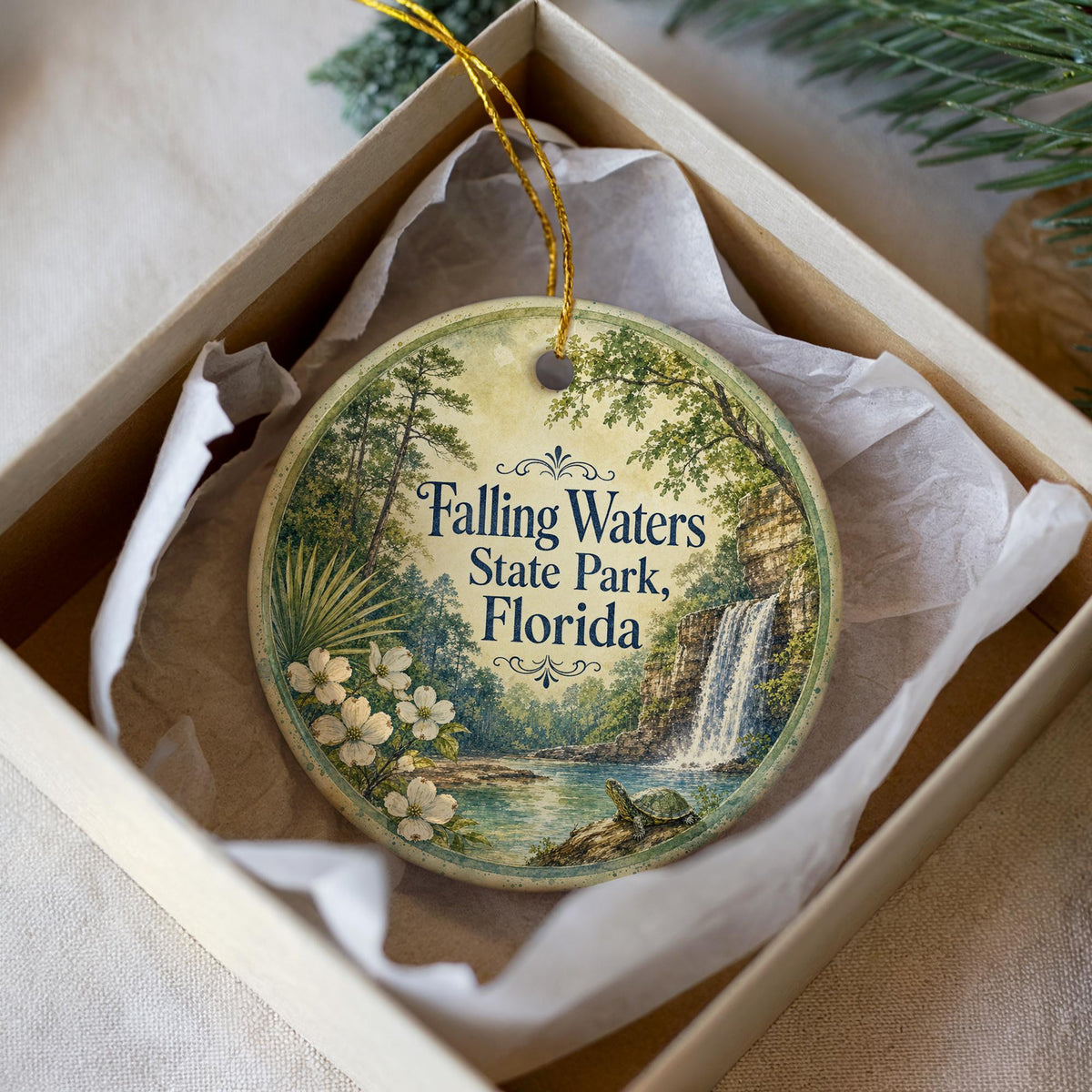 Falling Waters State Park Florida Watercolor Ceramic Ornament, Waterfall Nature Travel Souvenir Keepsake Gift — photo 1