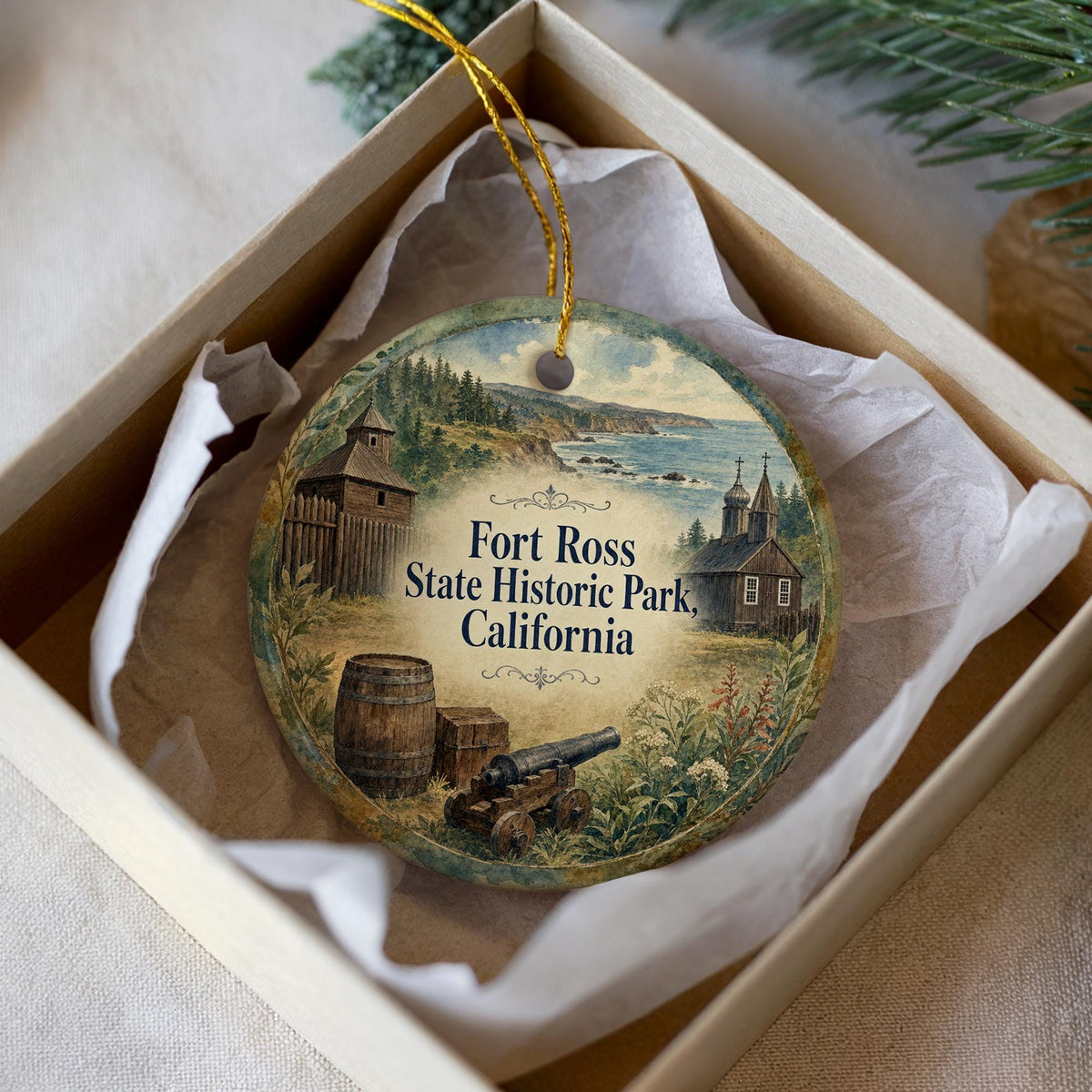 Fort Ross State Historic Park California Watercolor Ceramic Ornament, Sonoma Coast Landmark Souvenir Gift, Travel Keepsake Decoration — photo 3