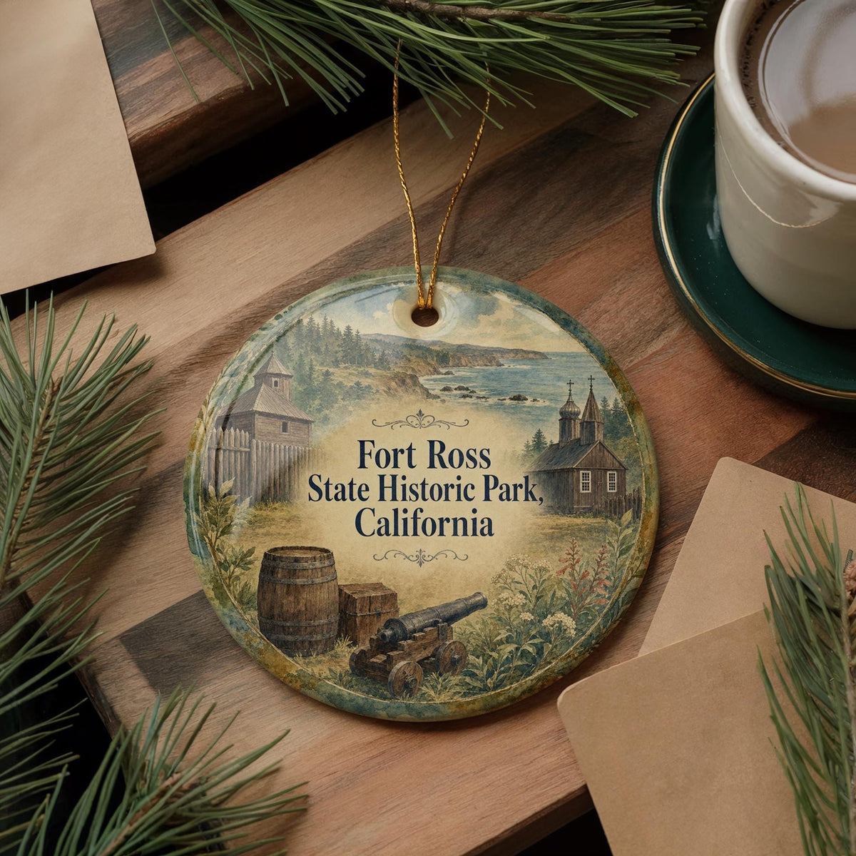 Fort Ross State Historic Park California Watercolor Ceramic Ornament, Sonoma Coast Landmark Souvenir Gift, Travel Keepsake Decoration — photo 5