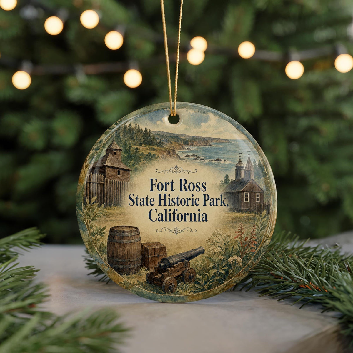 Fort Ross State Historic Park California Watercolor Ceramic Ornament, Sonoma Coast Landmark Souvenir Gift, Travel Keepsake Decoration — photo 7