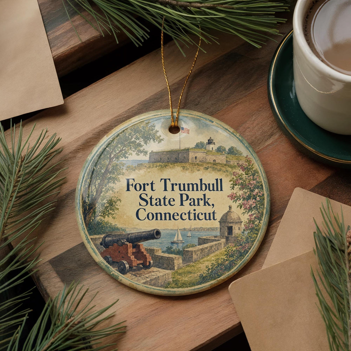 Fort Trumbull State Park Connecticut Ceramic Ornament, New London CT Coastal Landmark Watercolor Souvenir Gift — photo 5