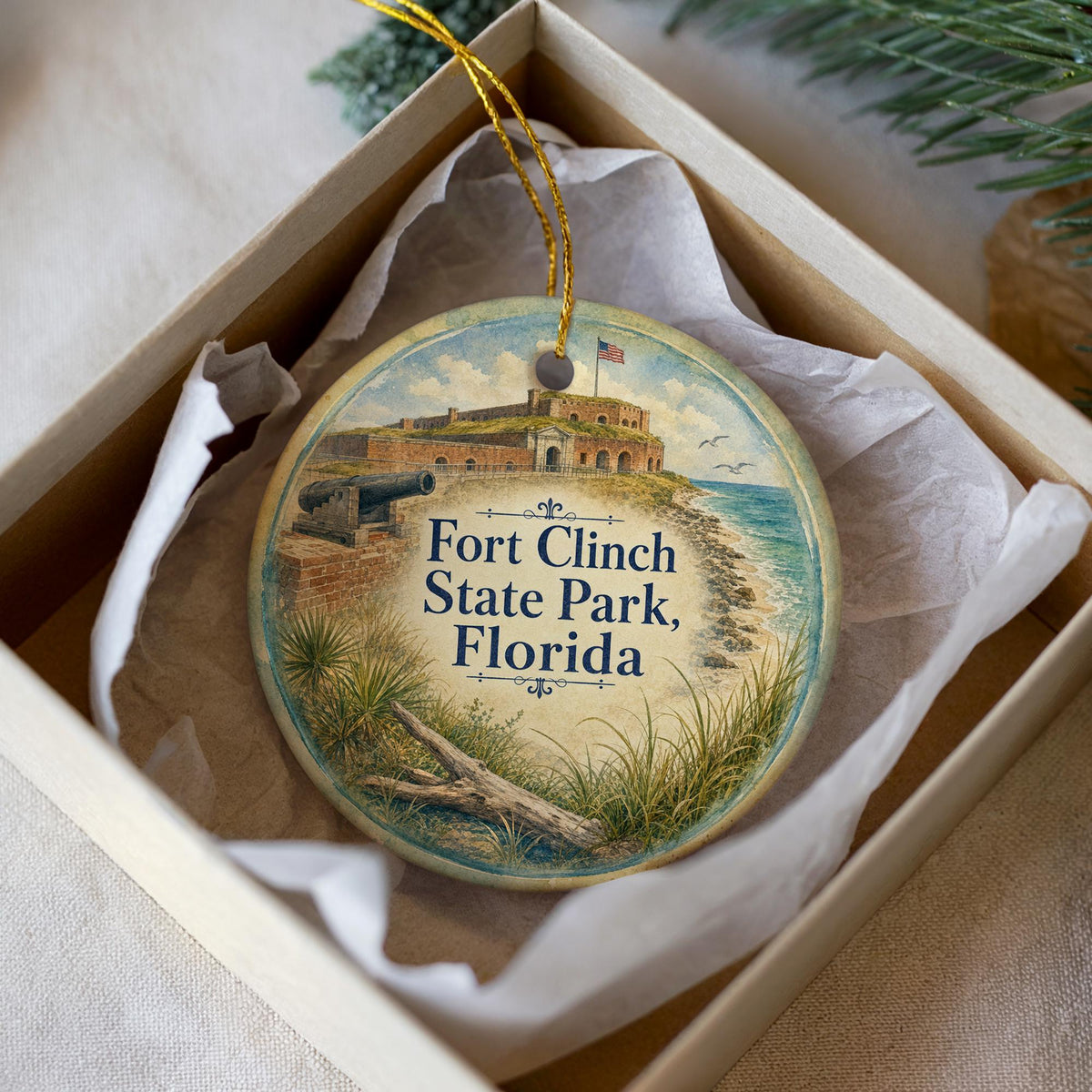 Fort Clinch State Park Florida Watercolor Ceramic Ornament, Amelia Island Fernandina Beach Souvenir Keepsake Gift — photo 1