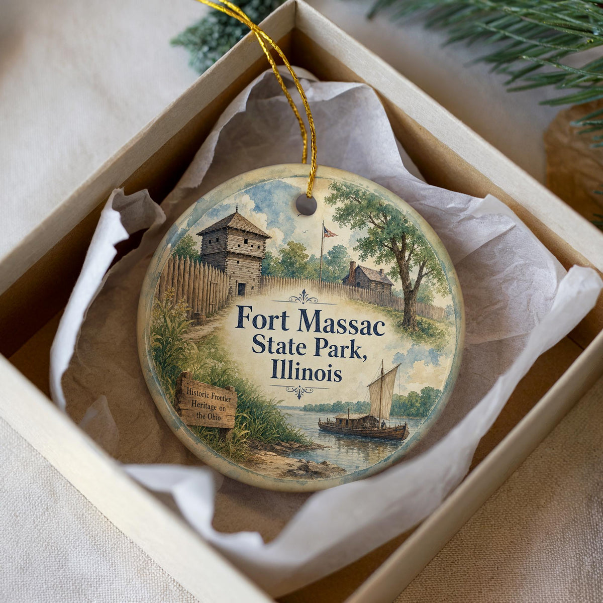 Fort Massac State Park Illinois Watercolor Ceramic Ornament, Historic Fort Landmark Souvenir, Travel Keepsake Gift — photo 1