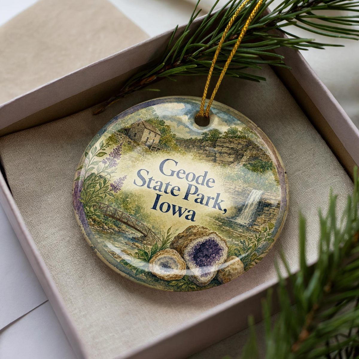 Geode State Park Iowa Ceramic Ornament, Watercolor Iowa State Park Souvenir, Geode Lake Travel Keepsake Gift — photo 2