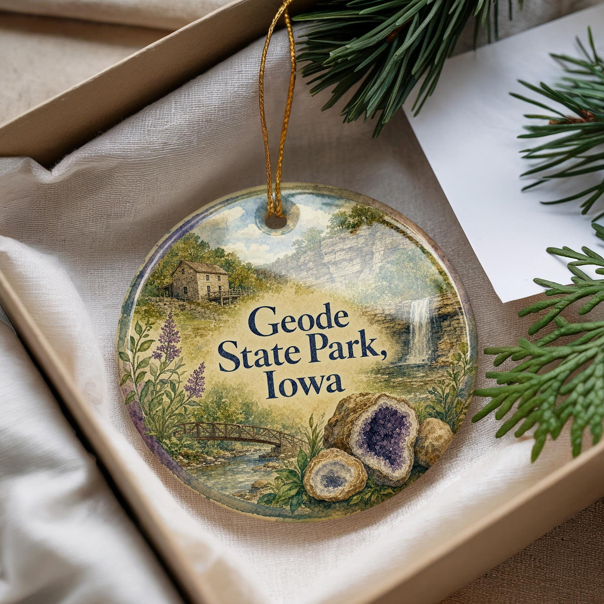 Geode State Park Iowa Ceramic Ornament, Watercolor Iowa State Park Souvenir, Geode Lake Travel Keepsake Gift — photo 4