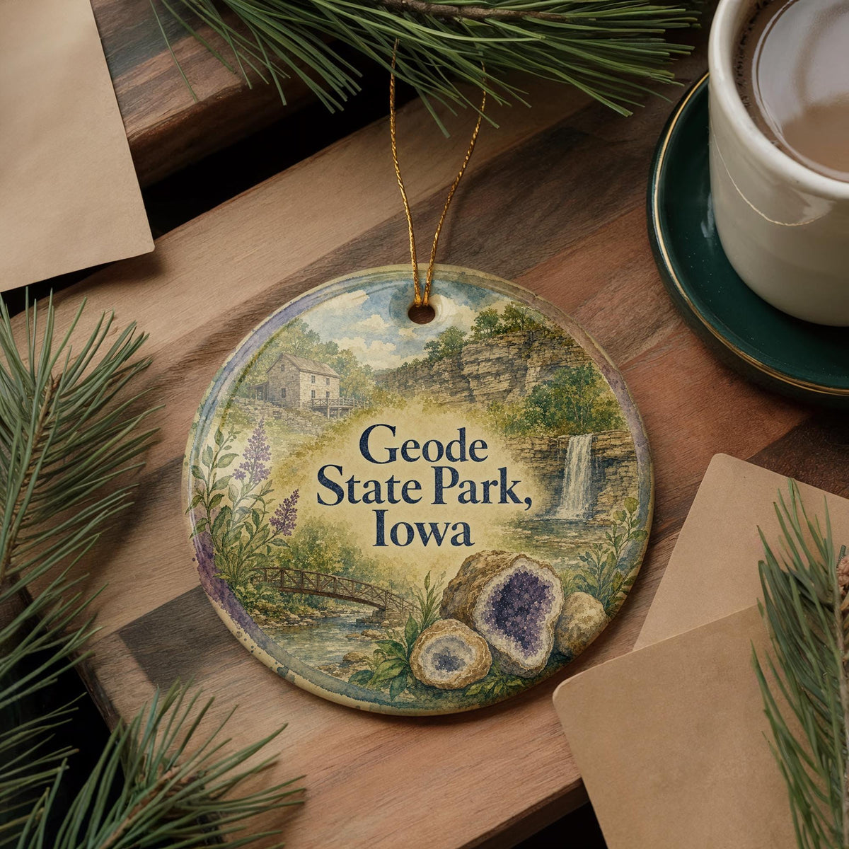 Geode State Park Iowa Ceramic Ornament, Watercolor Iowa State Park Souvenir, Geode Lake Travel Keepsake Gift — photo 5